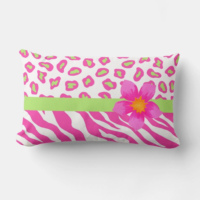 Coussin Rectangle Zèbre rose, blanc et vert & Cheetah & Fleur rose (Recto)