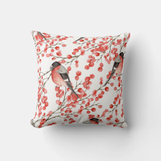 Coussin Red Berries Bullfinches Motif aquarelle