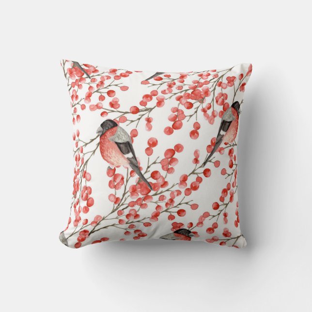Coussin Red Berries Bullfinches Motif aquarelle (Recto)