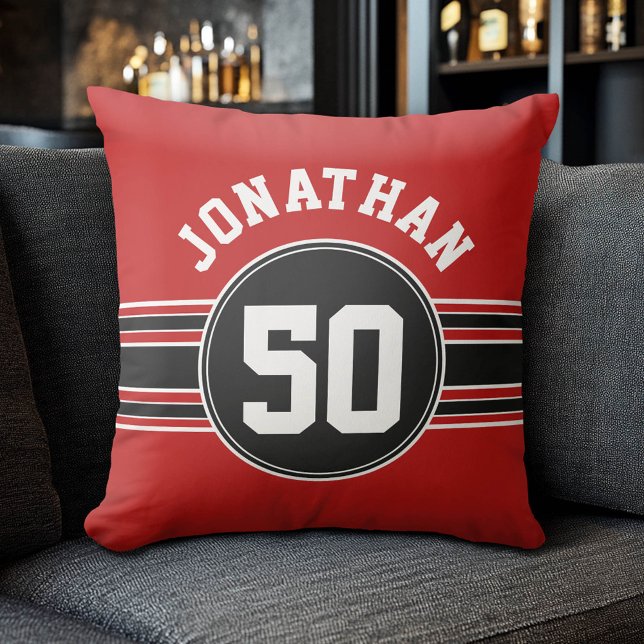 Coussin Red Black Team Jersey Fan Gear Nom Numéro (Custom Sporty Pillow)
