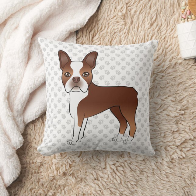Coussin Red Boston Terrier mignon dessin et pattes de chie (Couverture)