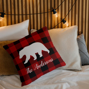 Coussin Red Buffalo Plaid & Bear Nom personnel Cadeau