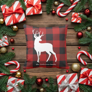 Coussin Red Buffalo Plaid & Deer Nom personnel Cadeau