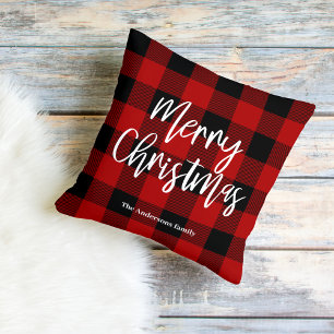 Coussin Red Buffalo Plaid & Joyeux Noël Nom personnel