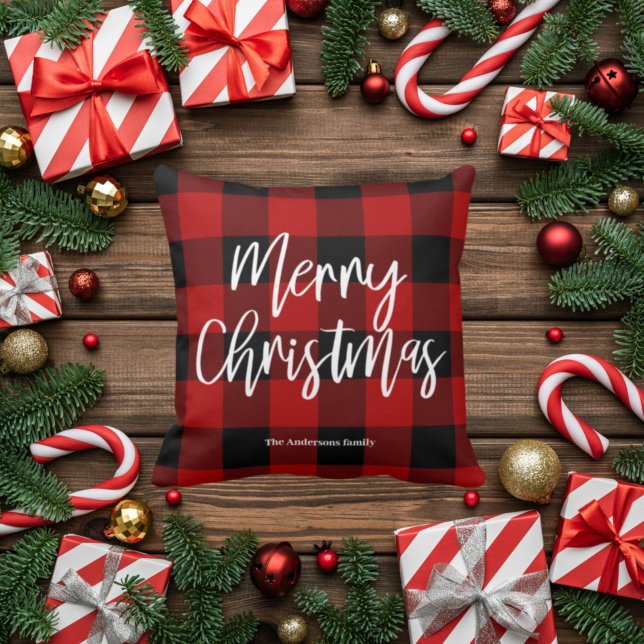 Coussin Red Buffalo Plaid & Joyeux Noël |Nom personnel (Créateur téléchargé)