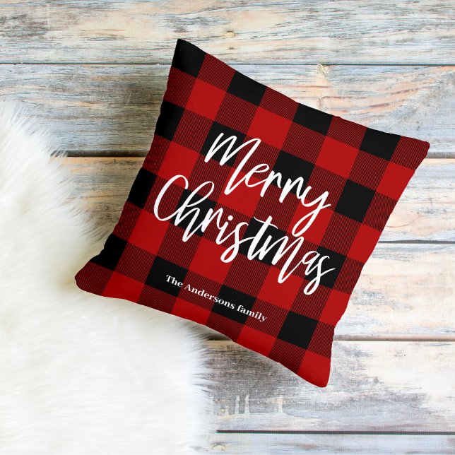 Coussin Red Buffalo Plaid & Joyeux Noël |Nom personnel (Créateur téléchargé)