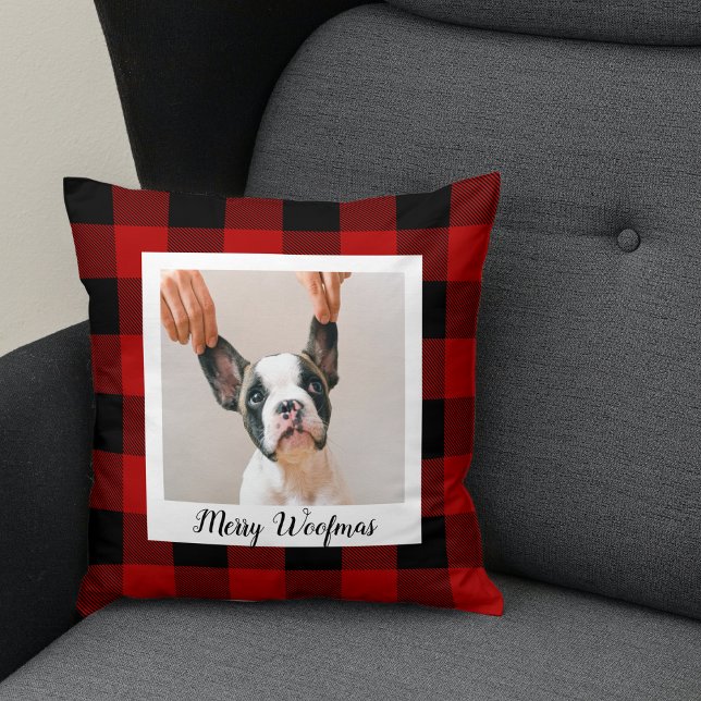 Coussin Red Buffalo Plaid & Joyeux Woofmas Avec Photo Chie (Créateur téléchargé)