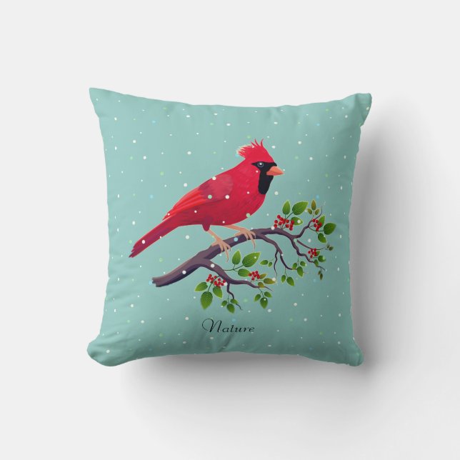 Coussin Red Cardinal Bird sur Turquoise (Recto)