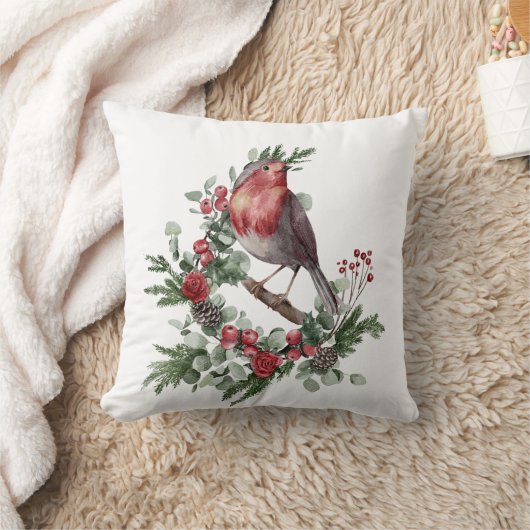 Coussin Red Christmas Bird Holly Berry Pine Cone Branches (Couverture)