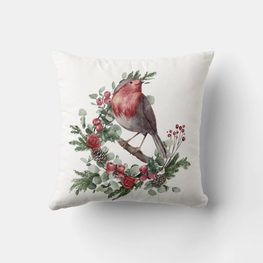 Coussin Red Christmas Bird Holly Berry Pine Cone Branches (Verso)