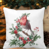 Coussin Red Christmas Bird Holly Berry Pine Cone Branches