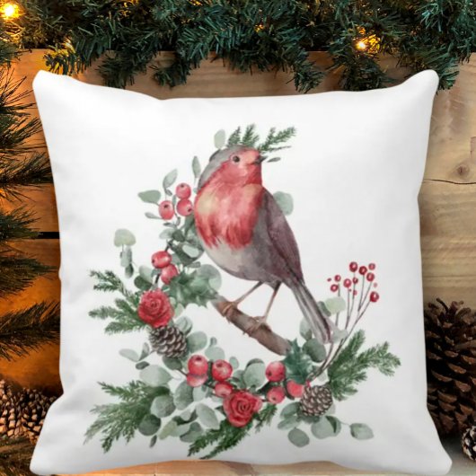 Coussin Red Christmas Bird Holly Berry Pine Cone Branches