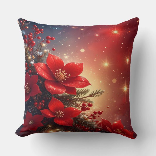Coussin Red Christmas Floral Holiday Throw Pillow (Recto)