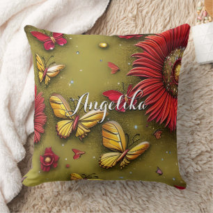 Coussin Red Daisies Gold Butterflies Nom personnalisé