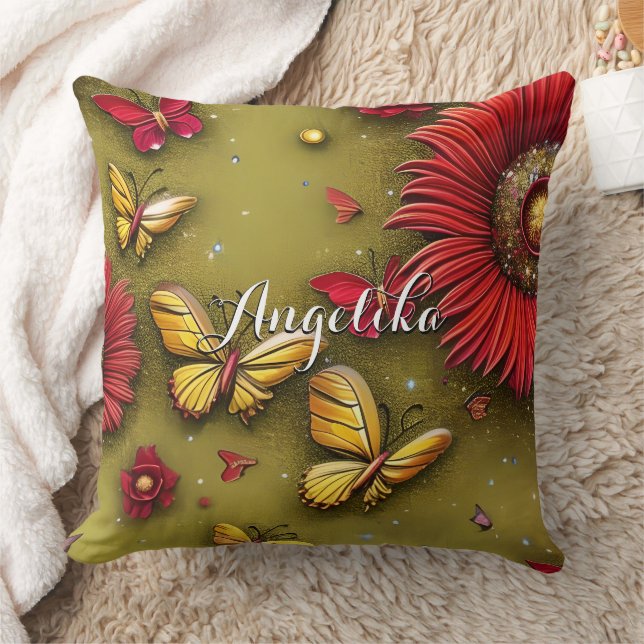 Coussin Red Daisies Gold Butterflies Nom personnalisé (Couverture)