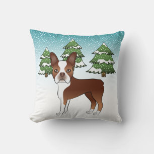 Coussin Red Et White Boston Terrier Dans Une Forêt D'Hiver