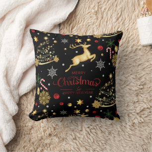 Coussin Red Gold Reindeer Joyeux sapin de Noël
