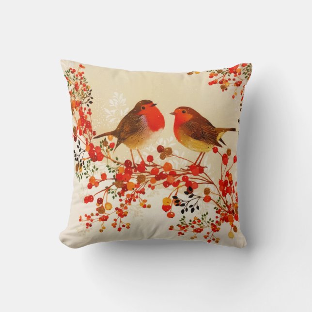 Coussin Red Gold Winter Birds Holly Berry Branches (Recto)