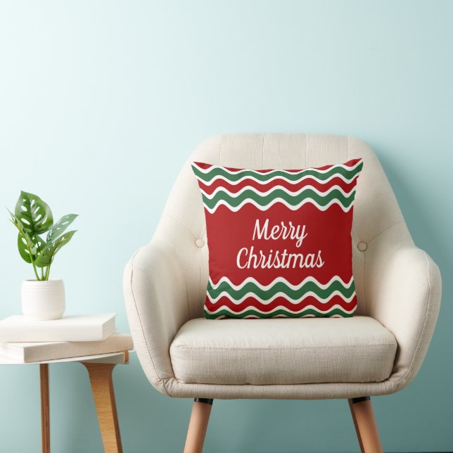 Coussin Red Green White Wave Stripes Joyeux Noël (Chaise)