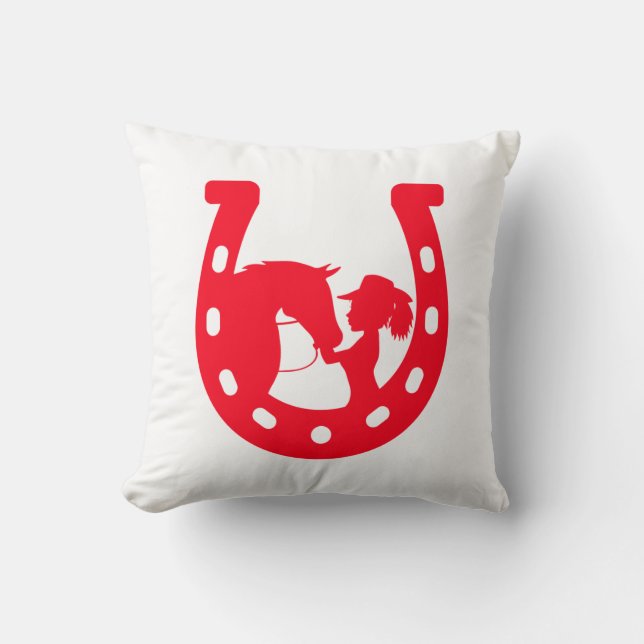 Coussin Red Horseshoe Girl and Horse (Recto)