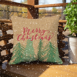 Coussin Red Joyeux Noël Green Trees Faux Jute Burlap