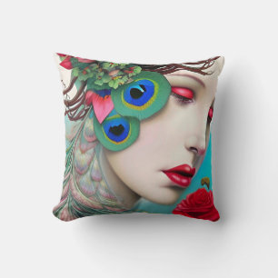 Coussin Red Lips et Rose Peacock Abstrait