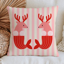 Red Mermaid Deers on Pink Stripes Fantasy Nautical