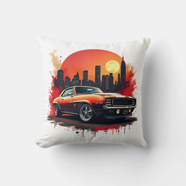 Coussin Red Muscle Car with Urban Skyline Accent (Recto)