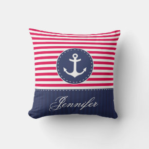 Coussin Red Navy Blue Ancre nautique Design Nom personnali