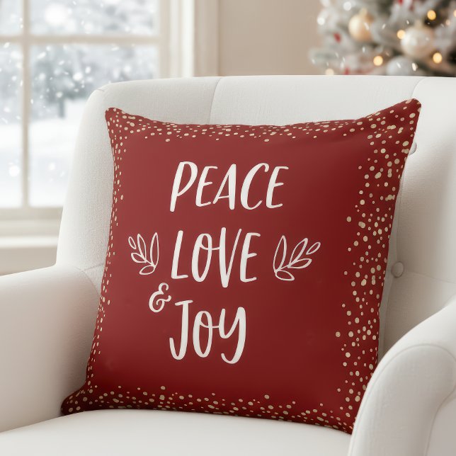Coussin Red Peace Love Joy Script Gold Foil Dots Moderne (Créateur téléchargé)