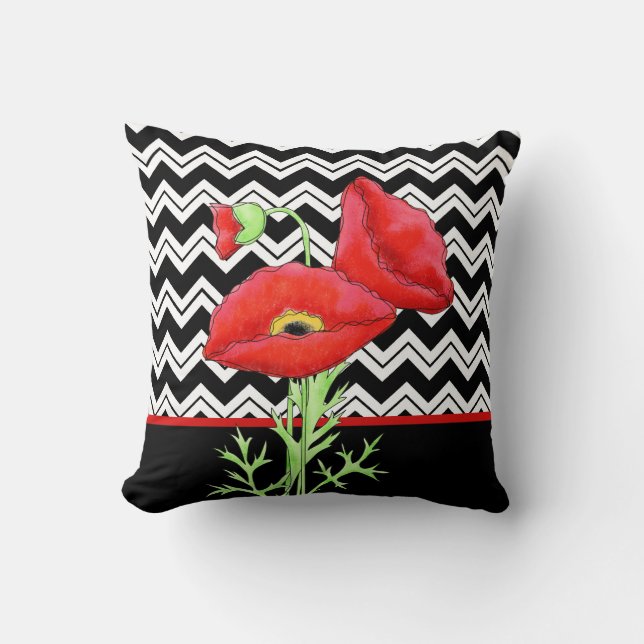 Coussin Red Poppy Black White Zigzag Chevron Décoratif (Recto)