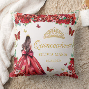 Coussin Red Roses Floral Gold Princesse Tiara Quinceanera