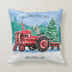 Coussin Red VintageTractor Christmas Tree Ajouter un nom