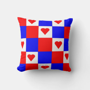 Coussin Red, White and Blue Squares with Red Hearts