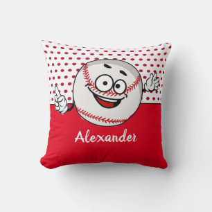 Coussin Red White Baseball drôle visage nom monogramme