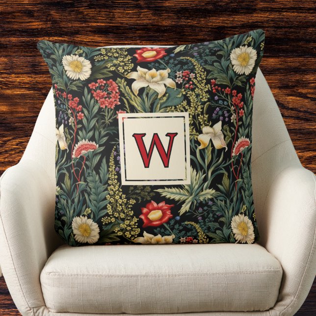 Coussin Red White Green Lilies Dahlias Floral Monogram (Créateur téléchargé)