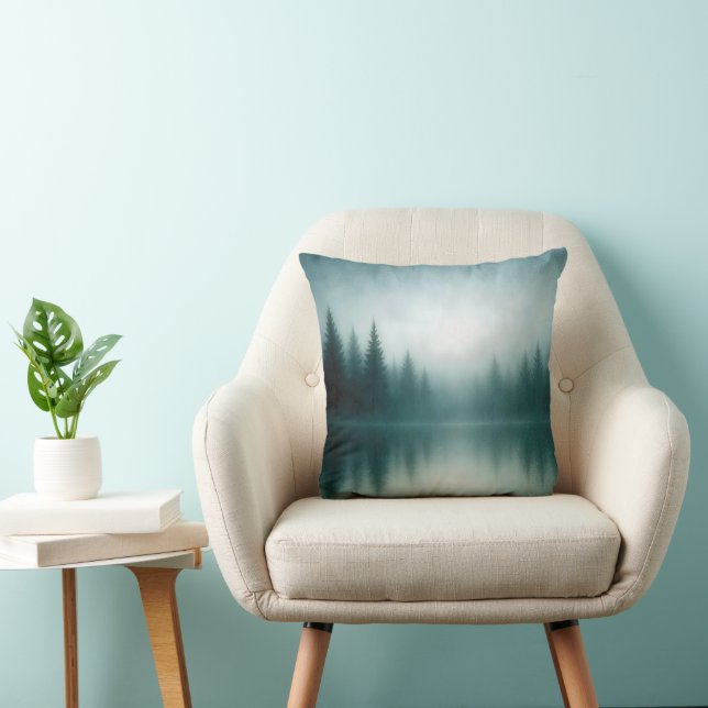 Coussin Reflet de pin brumeux dans l'eau du lac (Chaise)