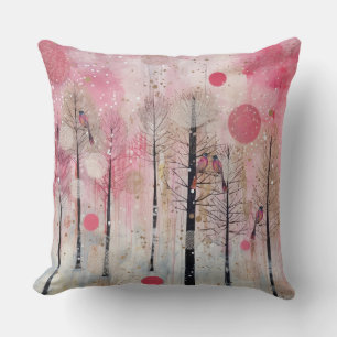 Coussin Refuge de l'oiseau chanteur rose magique d'hiver