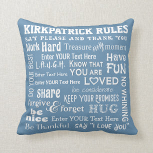 Coussin RÈGLES FAMILIALES Word Art Personal Editable Color