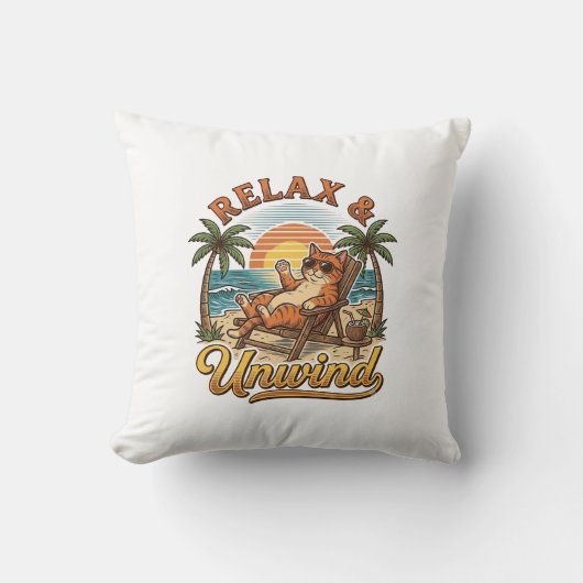 Coussin Relax & Unwind Chat de Plage Design de Gravure Vin (Recto)