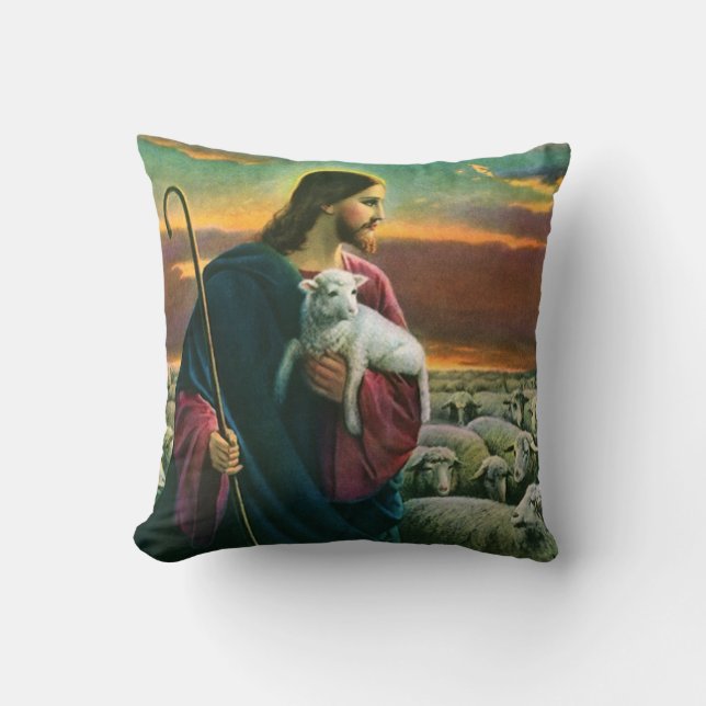 Coussin Religion vintage, Christ Bon Pasteur avec troupeau (Recto)