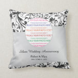 Coussin Remous noir et 25ème anniversaire de mariage<br><div class="desc">Ce coussin d'anniversaire de noces d'argent comporte un motif noir de damassé de remous comme arrière - plan,  une rayure onduleuse argentée à travers le centre et un cadre personnalisable ovale de photo. Le texte personnalisable vous permet d'ajouter les noms des couples et de la date de mariage.</div>