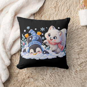 Coussin Renard arctique et manchot mignons jouant dans la