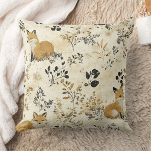 Coussin Renard Arts Crafts Motif Fleur Or Noir