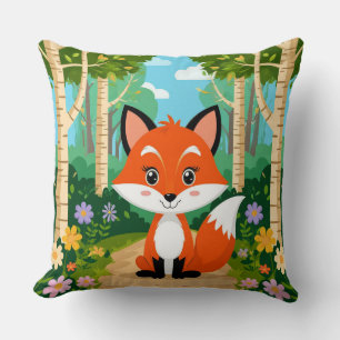 Coussin Renard de dessin animé mignon assis sur un chemin