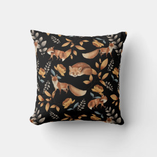 Coussin Renard de la forêt à l'aquarelle Fougères sauvages