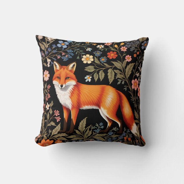 Coussin Renard Élégant Fleur Florale Noir (Recto)