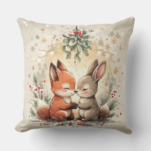 Coussin Renard et Lapin de Noël mignons sous le gui sur un
