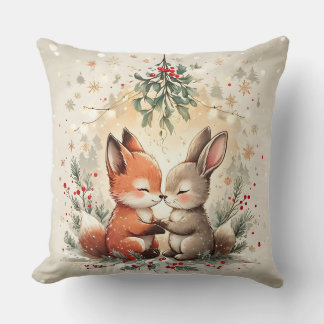 Coussin Renard et Lapin de Noël mignons sous le gui sur un