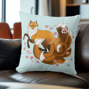 Coussin Renard Kitsune Fantaisiste Fleurs de Cerisier Bleu